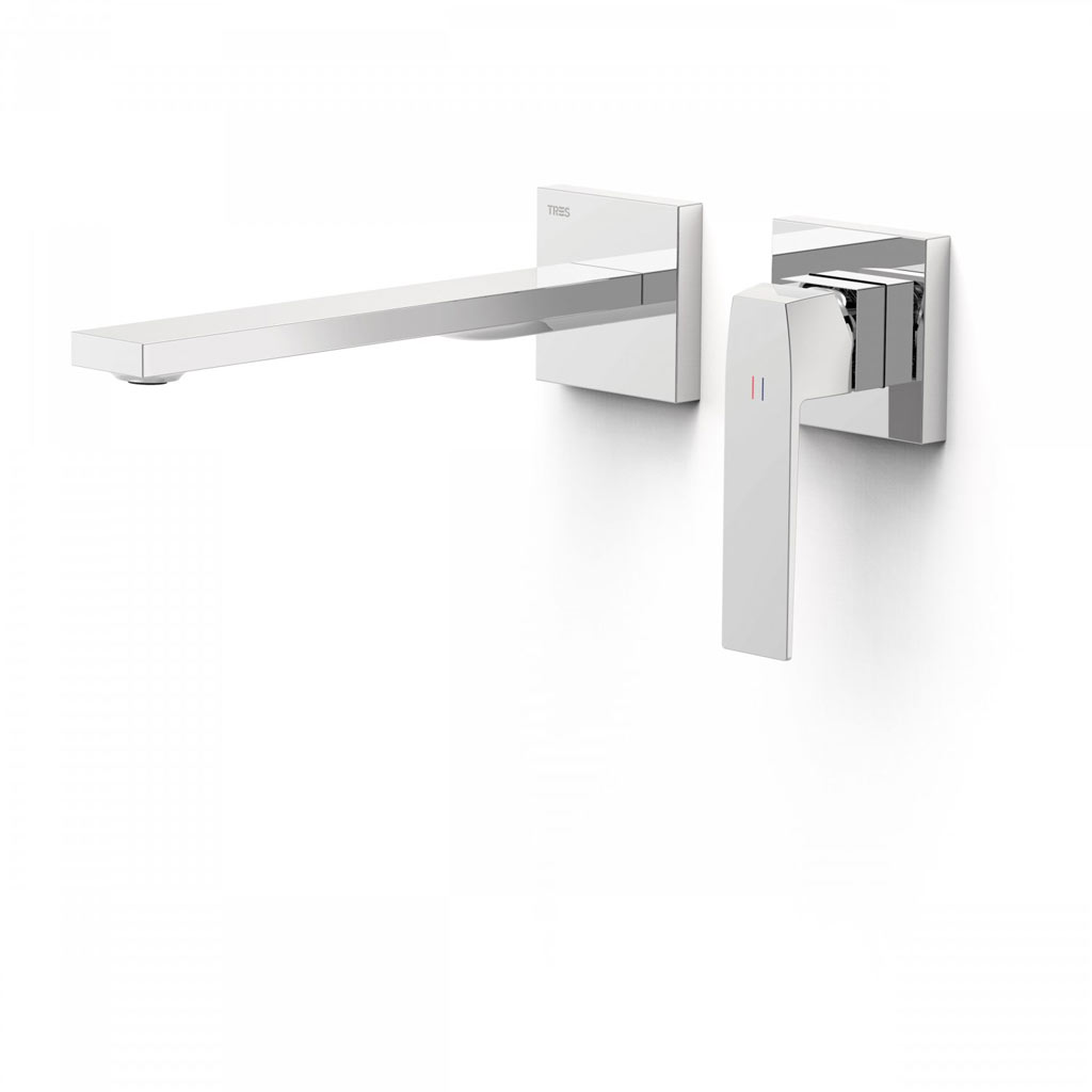 Tres Slim Exclusive falba süllyesztett, kétrészes, egykaros mosdó csaptelep, 240 mm-es kiömlővel, leeresztővel, króm 20230002